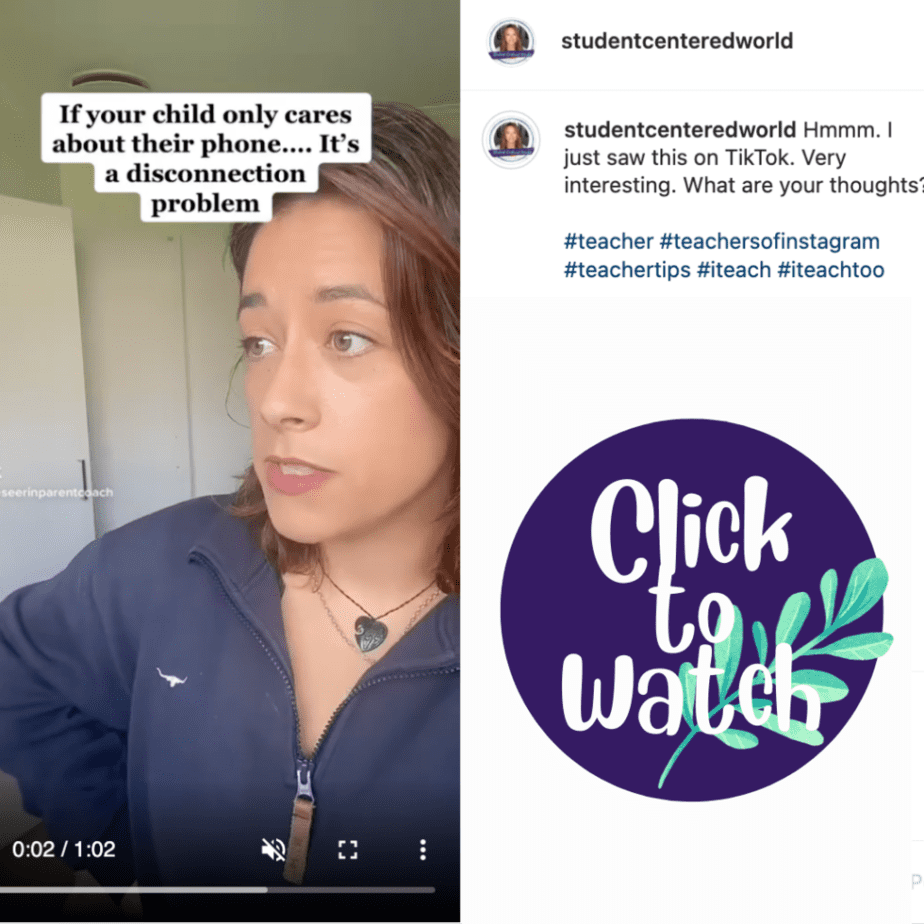 A woman speaks, captioned If your child only cares about their phone… it's a disconnection problem. Next to her, a graphic says Click to Watch with decorative text and leaves. A comment adds, Hmmm. I just saw this on TikTok. Very interesting how it relates to how to motivate students. What are your thoughts?