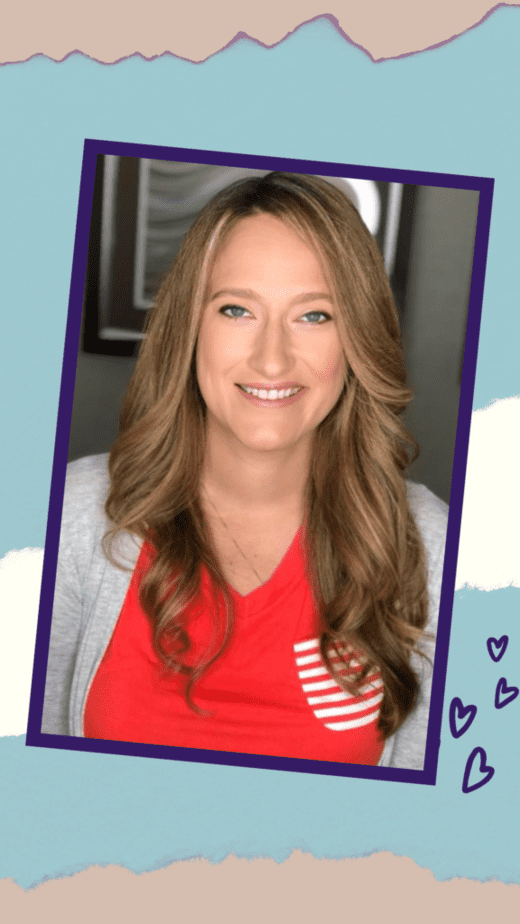 A person with long, wavy light brown hair smiles at the camera. They are wearing a red shirt with a striped heart design and a gray sweater. The photo has a playful blue and beige border with small heart illustrations.