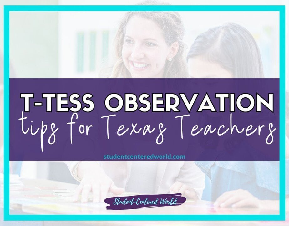A graphic with T TESS Observation tips for Texas Teachers in bold text, featuring two people interacting and smiling in the background. The website studentcenteredworld.com appears below the main text.
