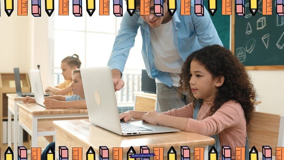 A teacher helps a young girl use a laptop with ai for education in a classroom, while other students work at their desks. The image is bordered with colorful pencil illustrations.