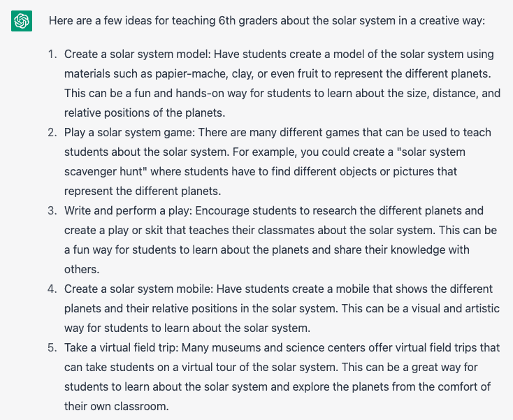 5 ChatGPT examples of how to creatively teach students in 6th grade about the solar system