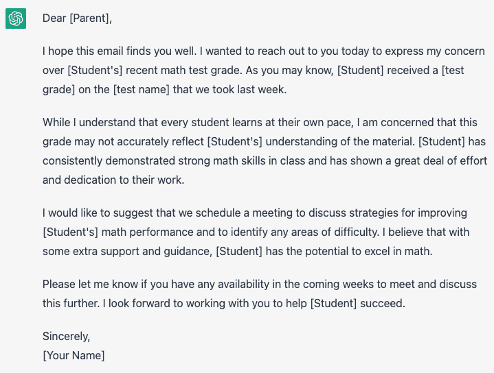 A basic email template to a parent regarding concerns of a math test score
