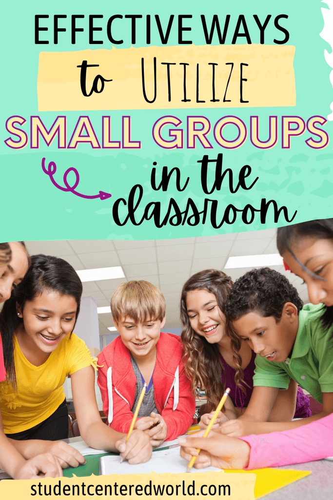 Five smiling students collaborate in a small group at a desk, writing on paper. Above, colorful text reads Effective ways to utilize small groups in the classroom. Website studentcenteredworld.com is at the bottom.