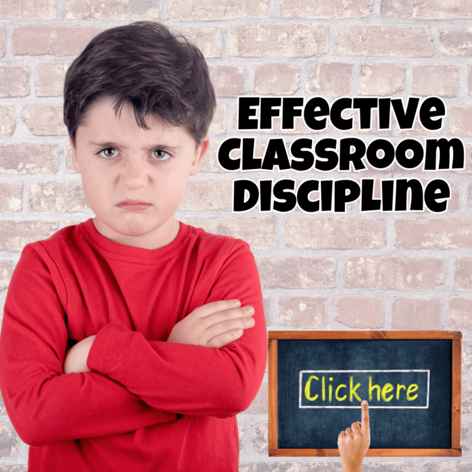 A young boy in a red shirt stands with a frown and crossed arms against a brick wall. The text Effective Classroom Discipline is written beside him. Below is a small chalkboard with Click here on it.