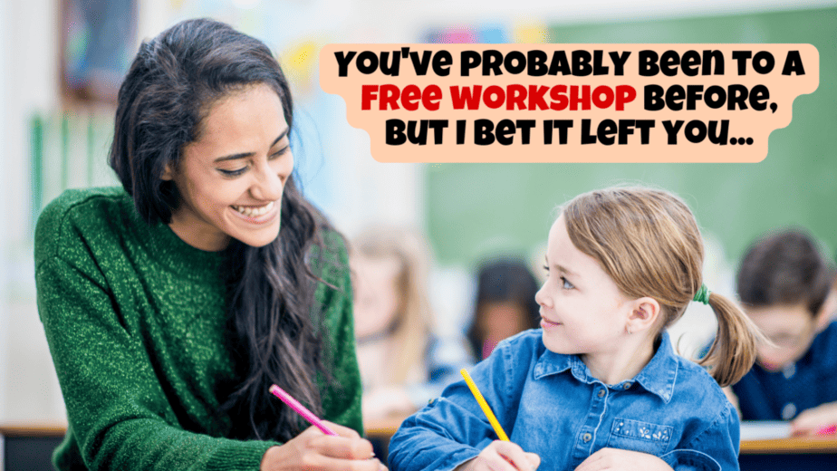 A woman and a young girl sit together at a table, smiling and holding colored pencils. Text reads, Youve probably been to a free workshop before, but I bet it left you... The background shows other people blurred out.