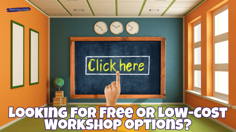 A finger points to a chalkboard displaying the words Click here in a brightly lit room decorated with clocks and windows. Below, large text reads, Looking for free or low-cost teacher workshop options?