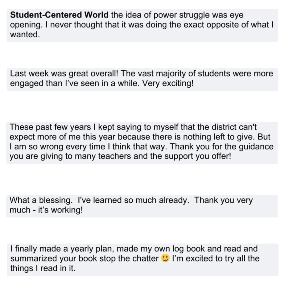 A collage of text messages expressing gratitude and excitement about a teaching book. Comments mention student engagement, district leadership, support, learning experiences, and using a yearly plan. One message features a smiling face emoji.