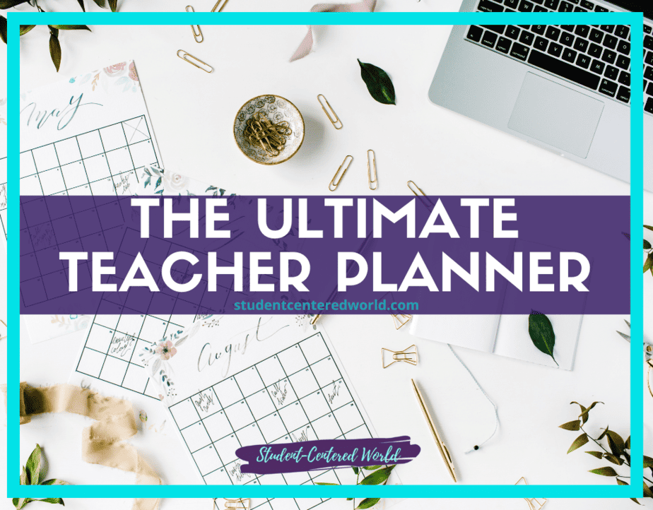 A flat lay of a teacher planner with floral designs, surrounded by gold paperclips, a pen, and greenery. Overlay text reads, The Ultimate Teacher Planner with a website link below.