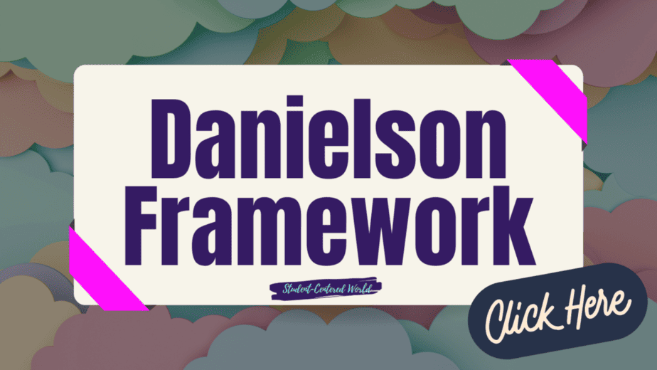 Banner with Danielson Framework in bold purple text on a light background, featuring a ribbon labeled Student-Centered World and a Click Here button. The background has layered pastel clouds, subtly evoking the theme of teacher observations.