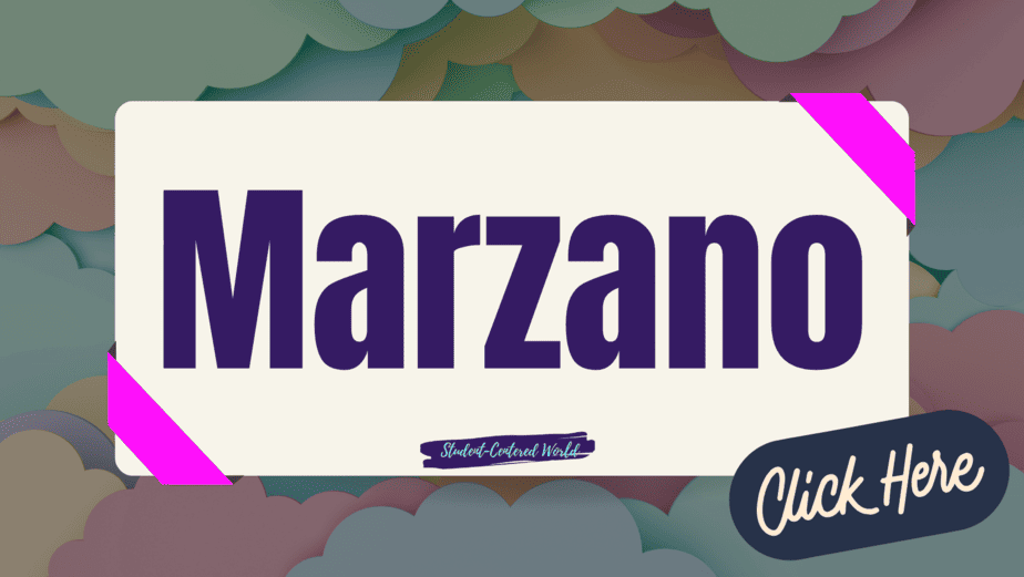 A large sign with the word Marzano in bold purple letters is displayed on a colorful, cloud-patterned background. Pink corners accent the sign, and a Click Here button beckons in the bottom right corner, ideal for insights into teacher observations.
