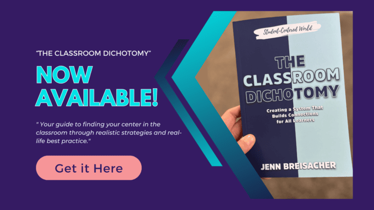 Promotional image for the book The Classroom Dichotomy by Jenn Breisacher. The cover is blue with text and is held by a hand. Theres a call to action button labeled Get it Here and text announcing its Now Available.