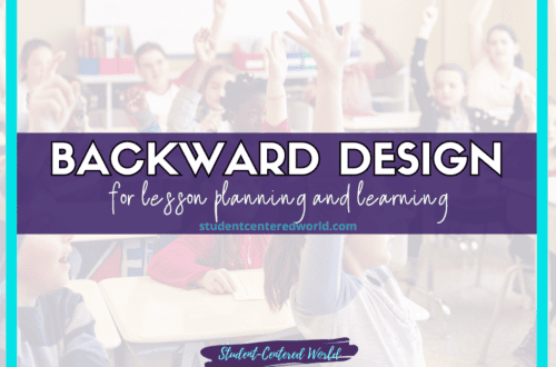 A classroom filled with eager students raising their hands, showcasing the principles of backward design for lesson planning. The overlay text highlights this method, guiding effective learning experiences. Visit our website for more insights at the bottom of the image.