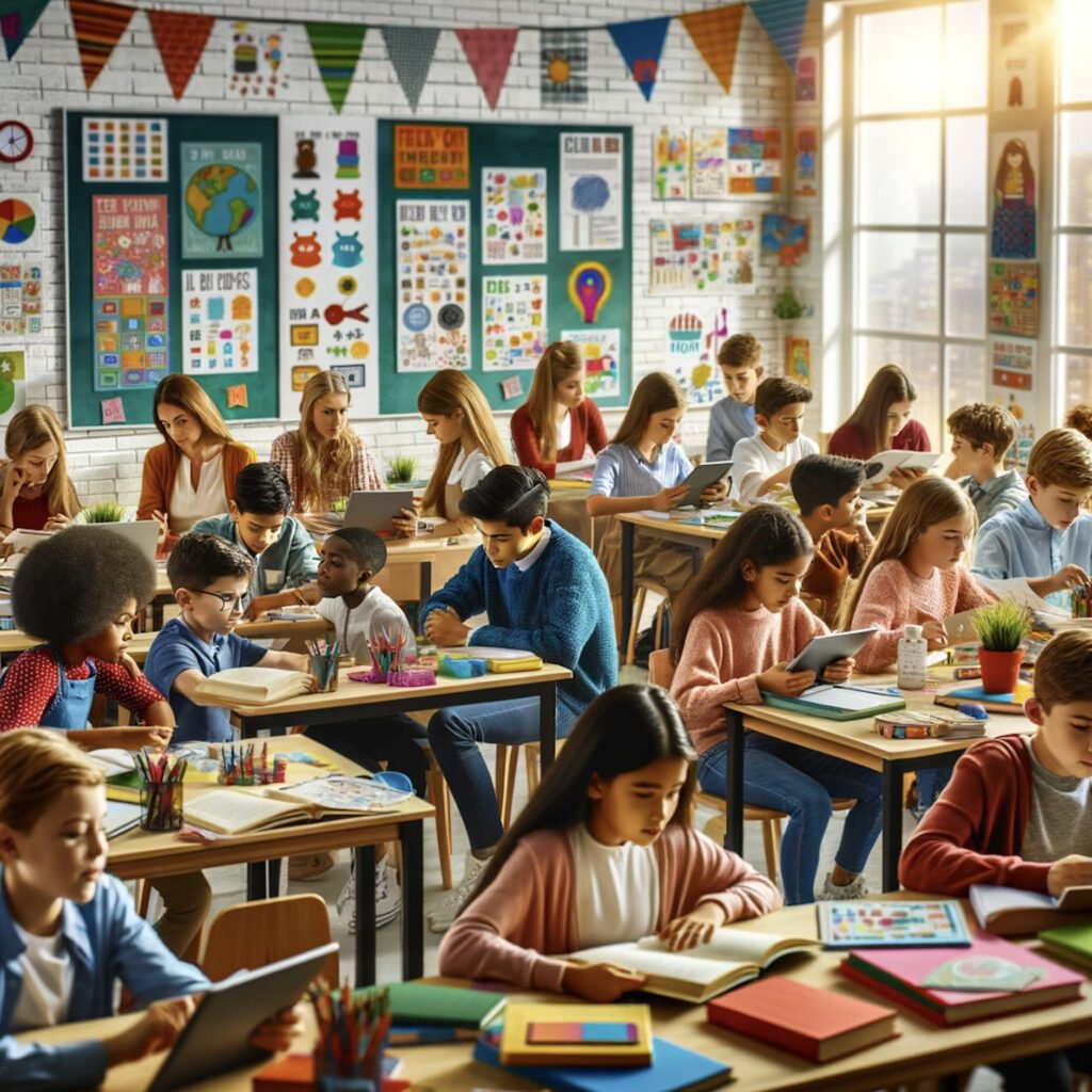 A diverse classroom full of students sits at desks, driven by intrinsic motivation as they engage in activities like reading, writing, and using laptops. The walls are adorned with colorful educational posters and artwork while sunlight streams through the large windows.