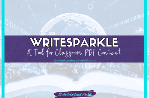 A promotional image for WriteSparkle, the AI tool revolutionizing classroom PDF content. It features a digital globe and binary code, emphasizing its educational purpose. Student-Centered World branding is seamlessly integrated into the design, showcasing its innovative impact on learning.