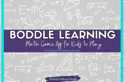Promotional graphic for Boddle Learning features the tagline "Math Game App for Kids to Play." The background showcases math equations and geometric shapes in white against a grey backdrop. At the bottom center, the bold text reads "Student-Centered World.