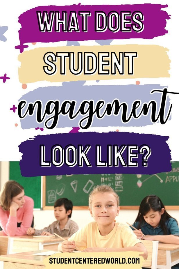 Four elementary-aged students sit at desks in a classroom writing or drawing, with a green chalkboard in the background. Above them, text asks, "What does student engagement look like?" as they focus intently on their activities.