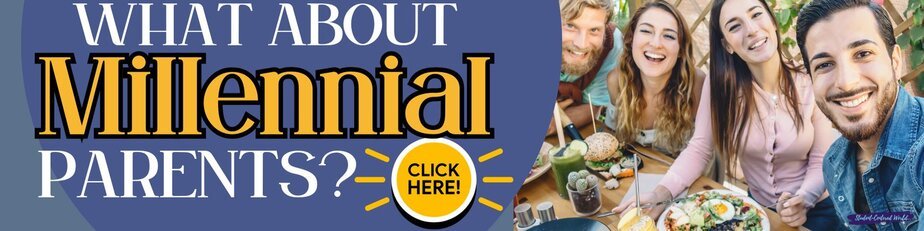 A group of smiling young adults sitting at a table with food and drinks, next to bold text reading What About Millennial Parents? Is student apathy affecting families today? Click Here! on a blue background.