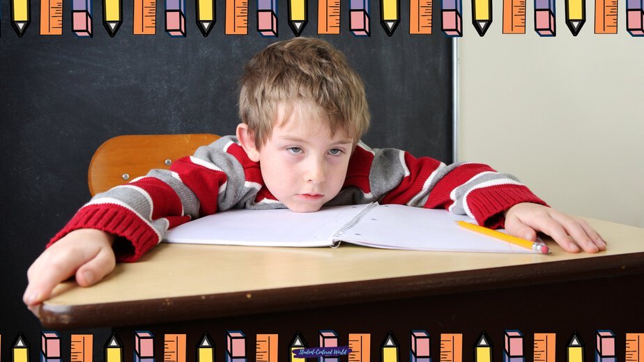 A young boy in a red striped sweater slumps over his desk, looking bored and tired—an image that hints at the challenge: how do you handle uninterested students? Cartoon pencils frame the scene with a pop of color.