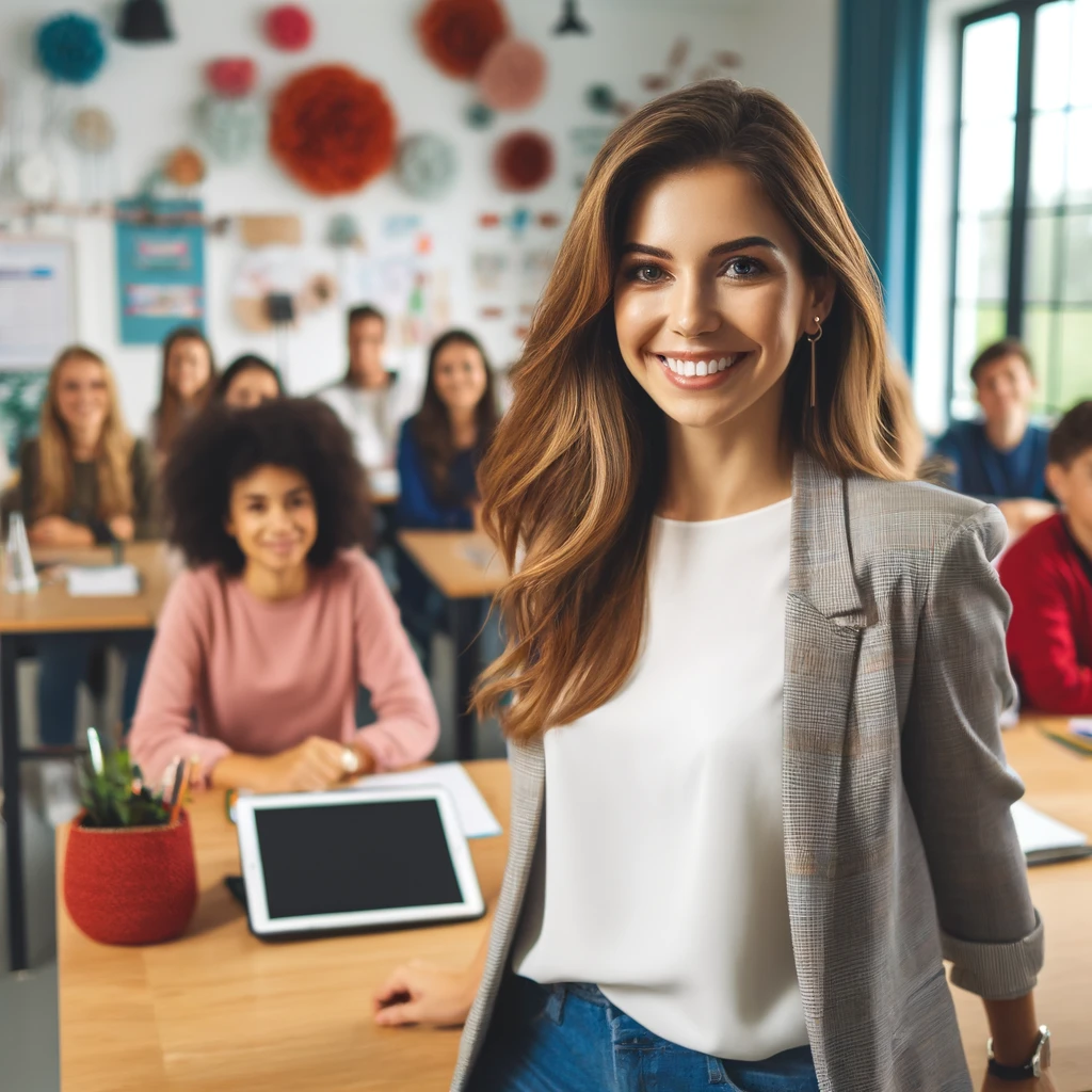 A-modern-young-teacher-smiling-brightly-in-a-contemporary-classroom.-The-classroom-is-decorated-with-colorful-decorations-and-has-modern-teaching-tool