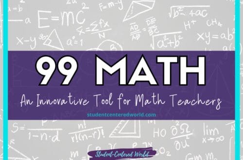 Promotional graphic for 99math, hailed as an innovative tool for math teachers. The background artfully features math formulas and equations in white on a gray chalkboard, perfectly capturing the essence of modern math education.