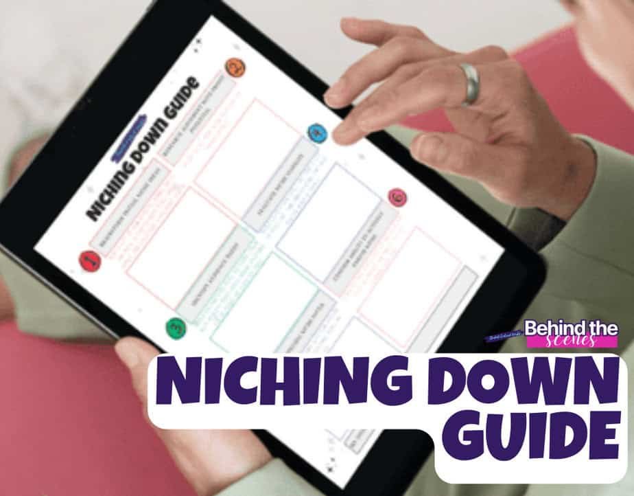 A person holds a tablet displaying a guide titled Niching Down Guide. The persons hands are visible, and the tablet screen shows various sections and colorful boxes. The text Behind the Scenes is partially visible on the guide.