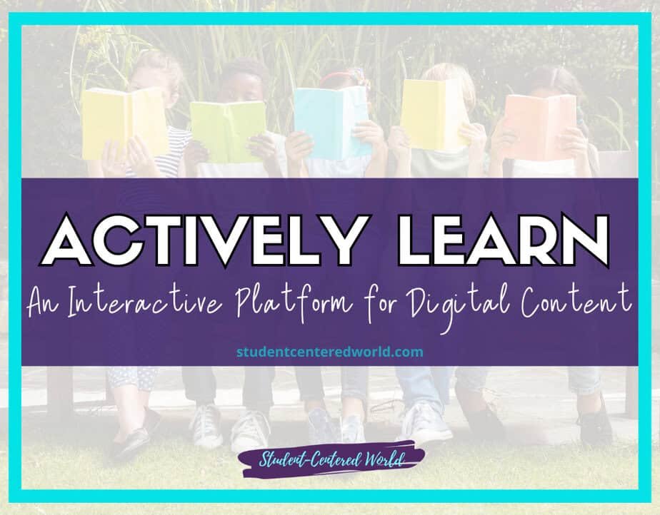 A group of five people sits outdoors, each holding a book, with text overlay: Actively Learn – dive into digital content interactively.