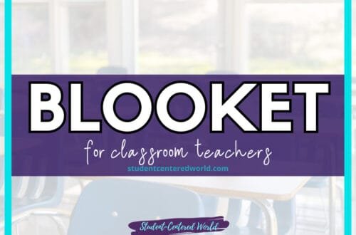 A blue-bordered graphic prominently displays "BLOOKET" for classroom teachers in bold white letters on a purple background. Below, studentcenteredworld.com and Student-Centered World appear, with faint images of classroom chairs subtly visible in the background.