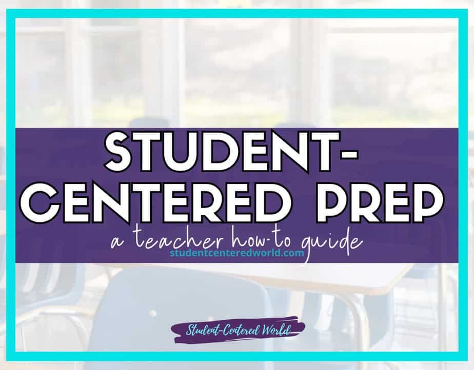 Image of a graphic with the text Student-Centered Prep: a teacher how-to guide in bold white letters on a purple background. Desks and chairs are faintly visible in the blurred background, emphasizing the focus on creating student-centered learning environments.