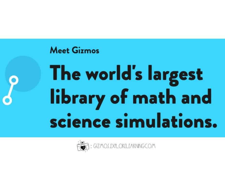 Blue background with white dot and line graphic on the left. Bold text reads: Meet Gizmos. The worlds largest library of math and science simulations. The URL gizmos.explorelearning.com is at the bottom.