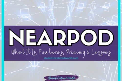 Text image with a purple and teal border features NEARPOD in large letters, with What It Is, Features, Pricing & Lessons below. Background includes faint silhouettes of laptops and people. Website name at the bottom: studentcenteredworld.com.