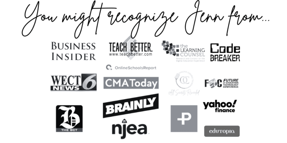 A collage of various media and organization logos, including Business Insider, Teach Better, The Learning Counsel, GrubStreet, WCCO News 6, CMA Today, FETC, EdTech Digest, Brainly, Yahoo Finance, Education Technology, NJEA, and Edutopia.
