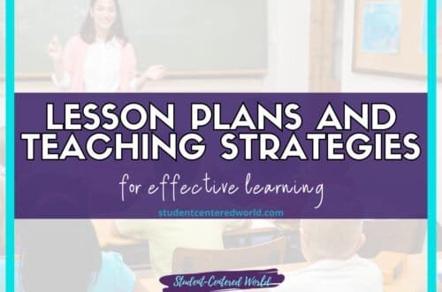 In a classroom, a teacher engages students as they focus on the chalkboard. The text overlay reads, Unlock Effective Learning with Lesson Plans and Teaching Strategies, accompanied by a website link below.