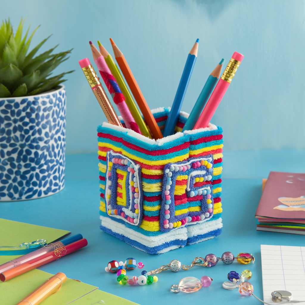 A colorful pencil holder made of striped pipe cleaners displays the letters DCS in decorative beads. It contains various colored pencils. Nearby are a green notebook, colored gel pens, beaded bracelets, and a potted plant with green leaves.