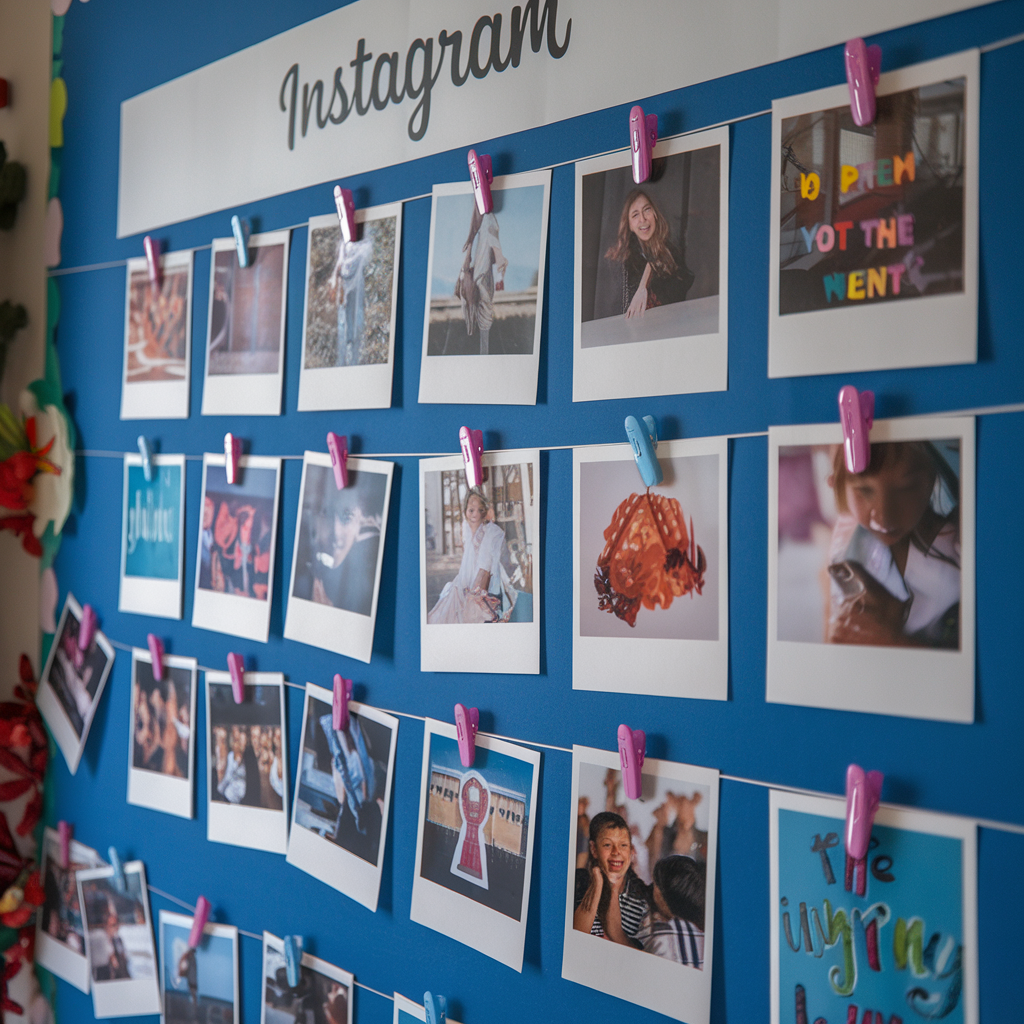 A blue board labeled Instagram displays multiple photos clipped in rows. The images include people, nature, and objects, each attached with colorful clips. The display resembles a social media feed in a physical format.