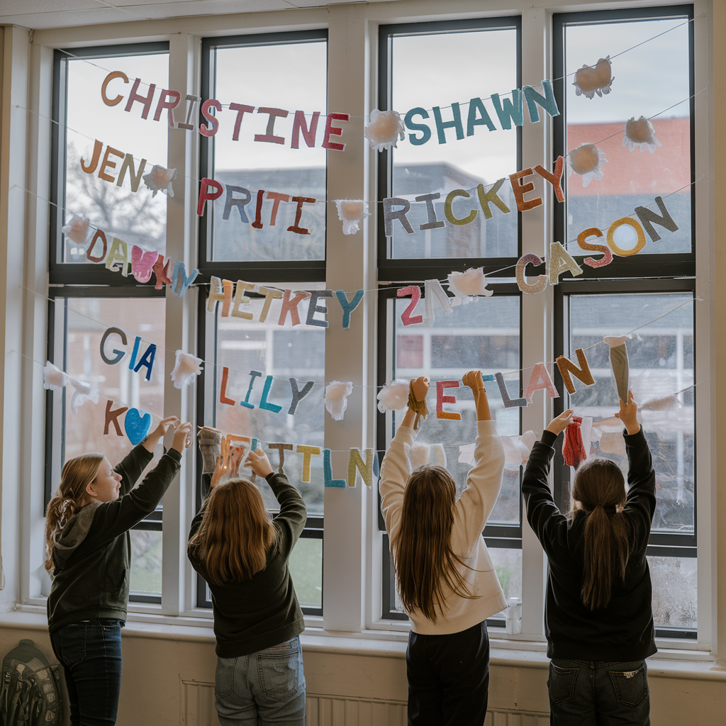 Four children are decorating a large window with colorful cut-out letters and fluffy cloud shapes. The letters appear to form names, such as CHRISTINE and SHAWN. The room is bright, with large windows letting in natural light.
