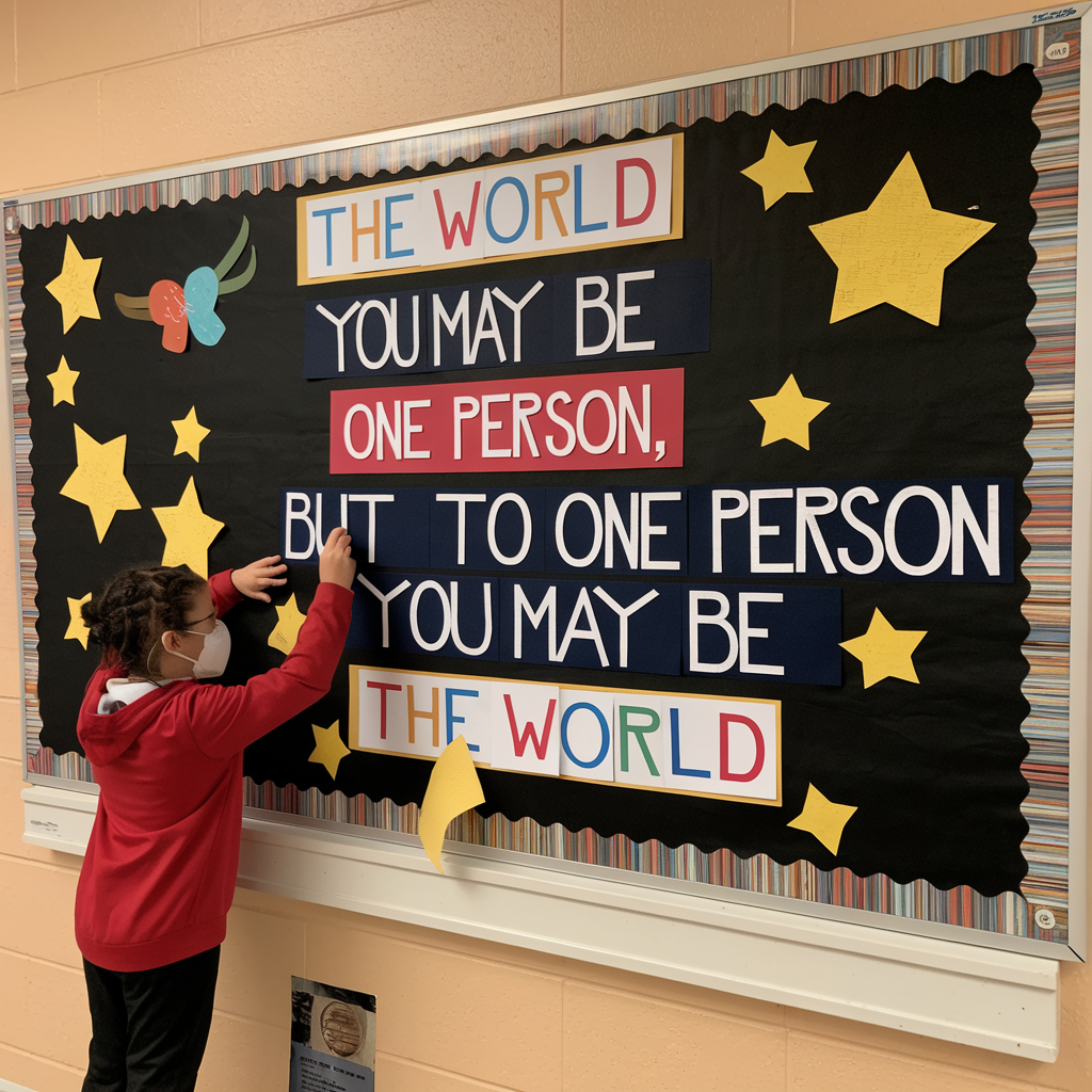 A child in a red sweater and face mask decorates a bulletin board with a motivational message. The board is black with colorful cut-out letters and yellow stars. The message reads: The world you may be one person, but to one person you may be the world.