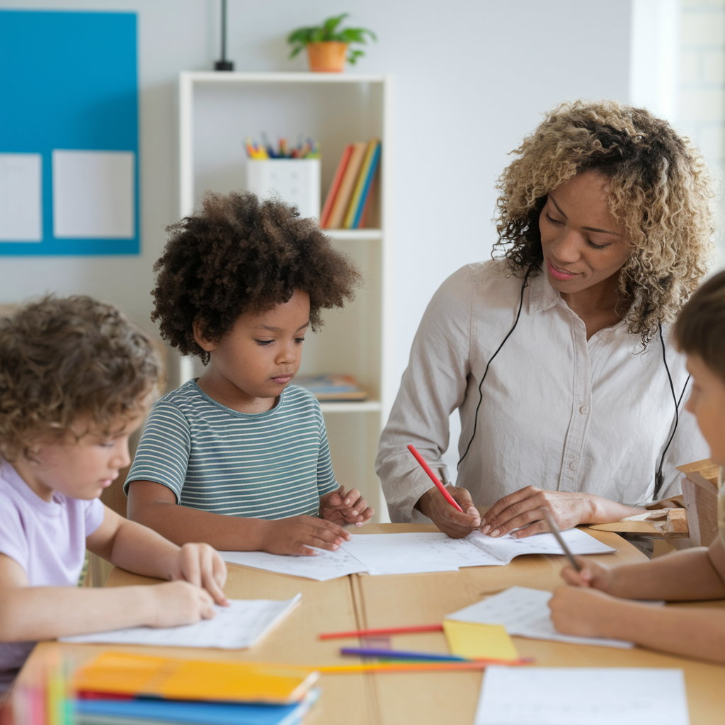 A teacher sits at a table with three young children, helping them with schoolwork in a classroom. The children are focused on writing on their papers. Shelves with books and a plant are visible in the background.