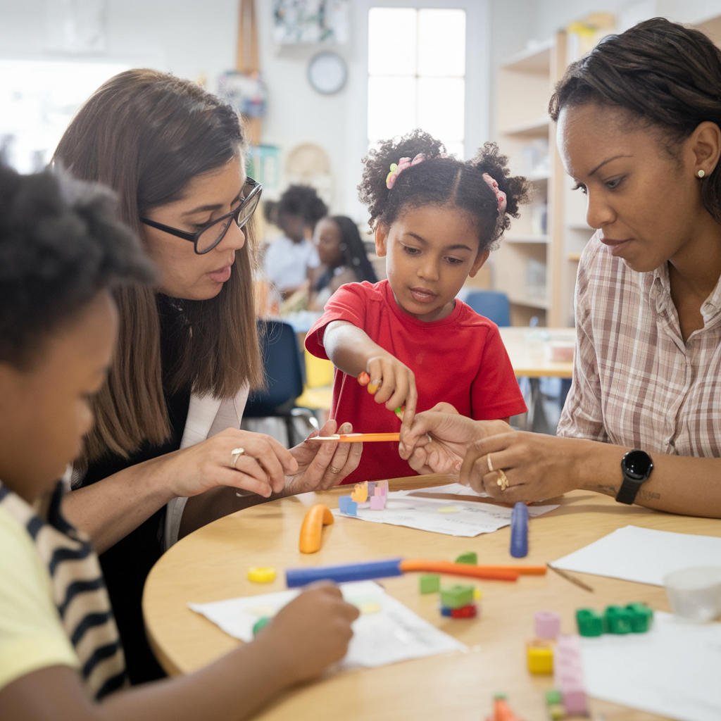 Children and two adults sitting around a table engaged in a creative activity with colorful blocks and papers. A girl in a red shirt is pointing to a pencil, while the adults focus on assisting her. Bright classroom setting in the background.
