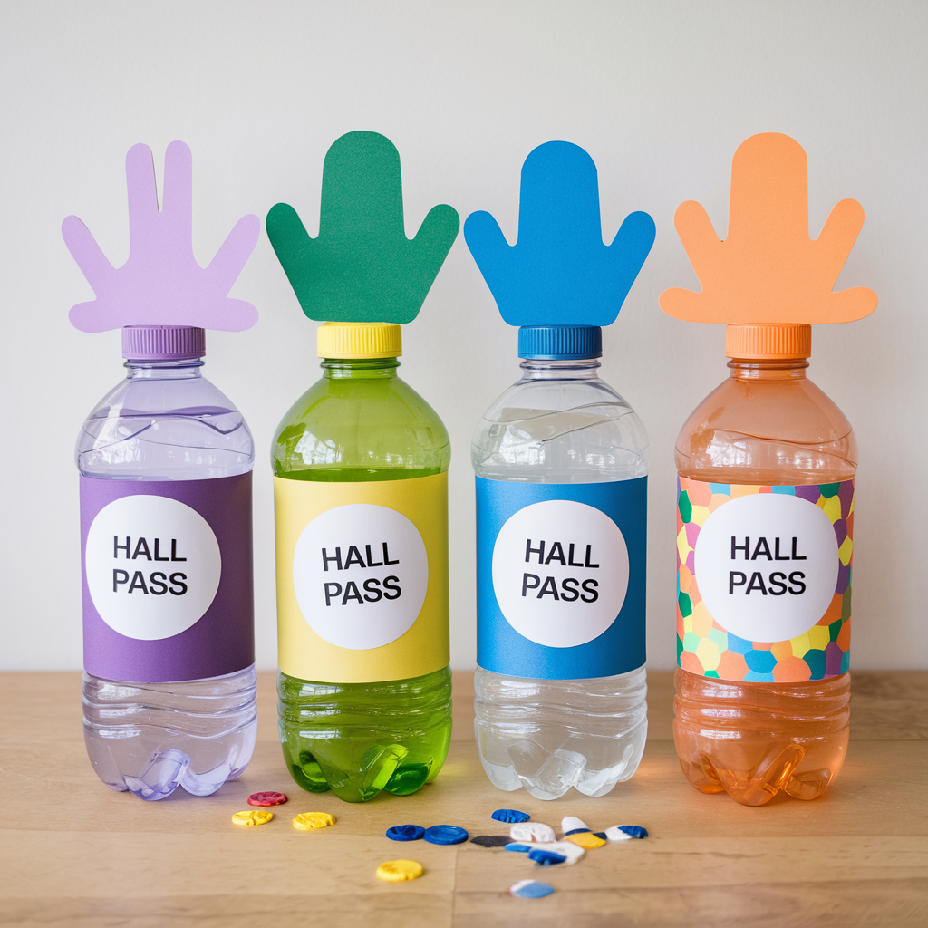 Four plastic bottles with colorful hand-shaped cutouts on top, each labeled HALL PASS in capital letters. The bottles are filled with different colored liquids: purple, green, clear, and orange. Various buttons and tokens are scattered below.