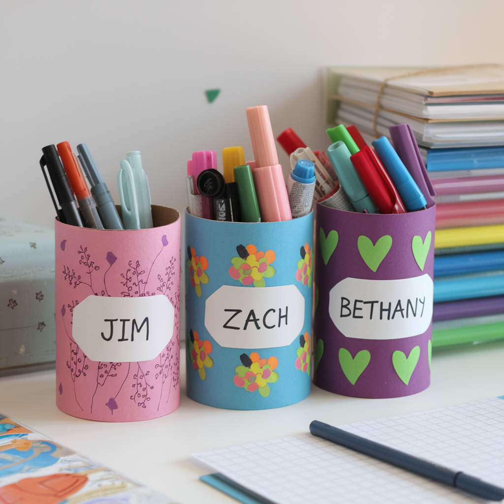 Three handmade pen holders made from decorated cans sit on a desk. Each can is labeled with a name: Jim on a pink floral can, Zach on a blue can with flowers, and Bethany on a purple can with green hearts. Pens and markers fill each holder.