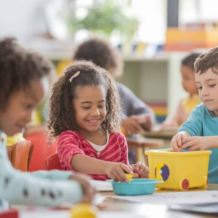 Children sitting around a table in a classroom, engaged in an activity with colorful blocks. A girl in a pink shirt smiles while playing. The scene is bright and lively, with focus on learning and interaction. Lesson Plans and Teaching Strategies