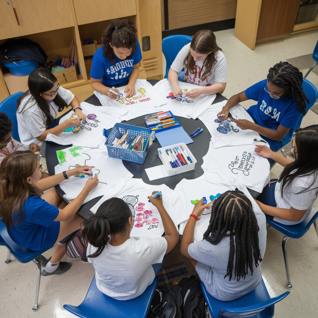 A group of students sit around a table, drawing and coloring on large white poster boards shaped like shirts. The table has markers and art supplies scattered across it, and the students are focused on their artwork. They are seated in a bright room.