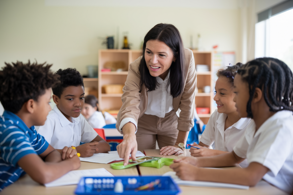 A teacher is smiling and helping a group of young students in a classroom. The children are sitting at a table with papers and colored pens. Shelves with various materials are in the background. The scene is bright and engaging.