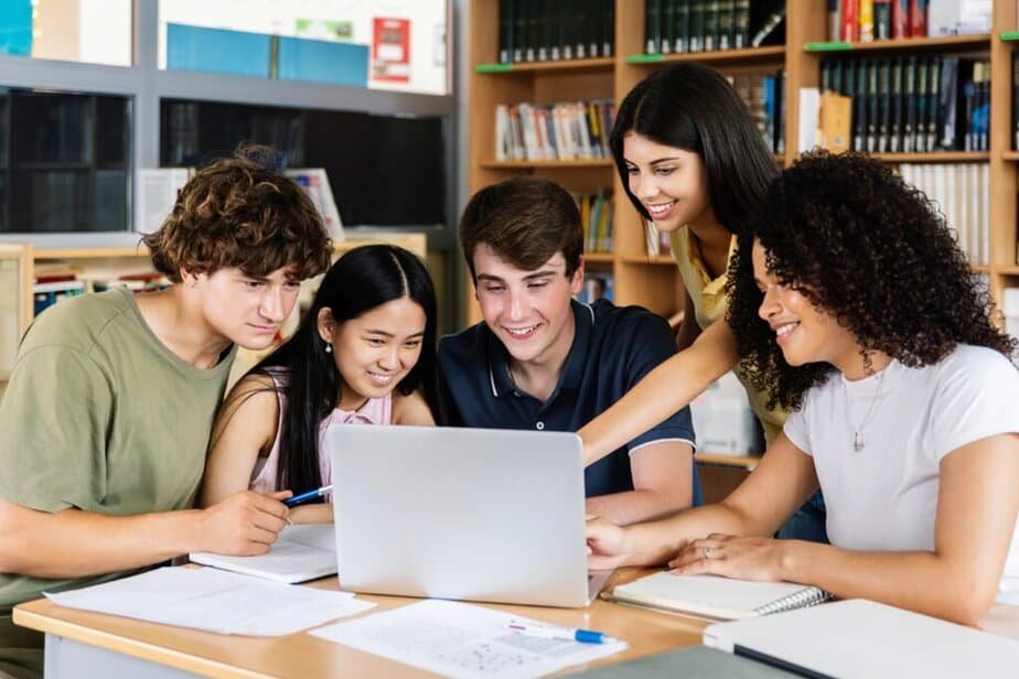 A group of five students, three seated and two standing, gather around a laptop in a library setting. They appear engaged and are discussing something on the screen. Papers and books are spread out on the table in front of them.