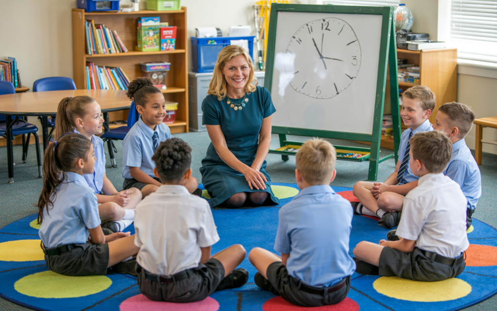 A teacher sits with a group of young students in a circle on a colorful rug in a classroom. A large clock is visible in the background. The children are wearing school uniforms, and bookshelves are seen nearby. Everyone appears engaged and smiling.
