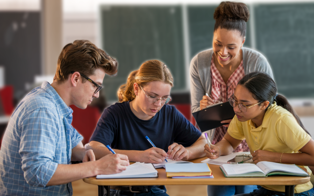Four students are sitting at a desk in a classroom, working together on a project with notebooks and books. Two of them, a woman with glasses and a man with glasses, focus intently on their notes, while a smiling teacher observes and assists.