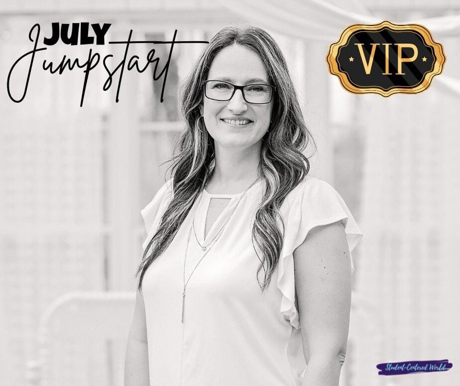 A woman with long hair and glasses smiles at the camera. Text reads July Jumpstart and VIP with a decorative badge. The image is in black and white.