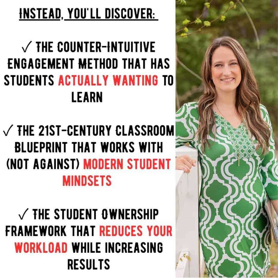 A smiling woman in a green and white dress stands outdoors beside a white fence. Text beside her describes classroom teaching methods that increase student motivation, address modern mindsets, and reduce workload while boosting results.