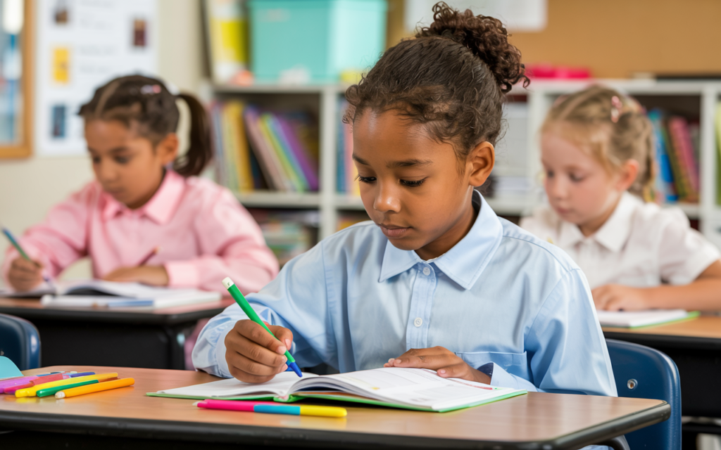 Three young students sit at desks in a classroom, focusing on their work. The student in the foreground writes in a notebook with a green pen, while others concentrate on their tasks. Books and colorful markers are on the table. Leading towards. adaptive learning.