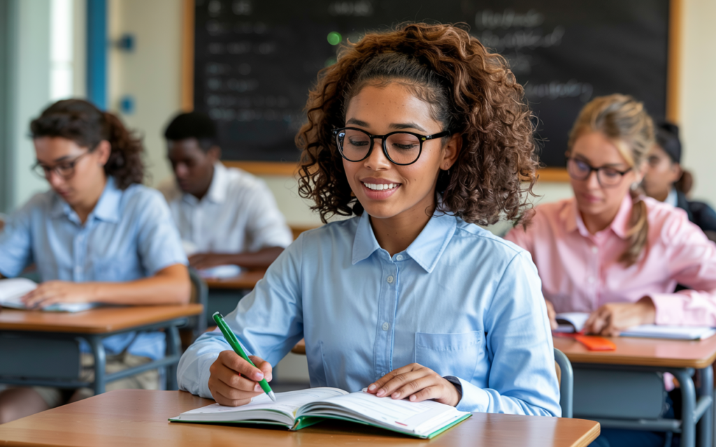A classroom scene with a smiling student wearing glasses and a blue shirt, writing in a notebook. Other students are focused on their work at their desks. A chalkboard is visible in the background.